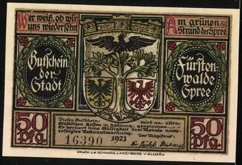 Notgeld Fürstenwalde Spree 1921, 50 Pfennig, Brüger v. Fürstenwalde bekämpfen die Quitzows
