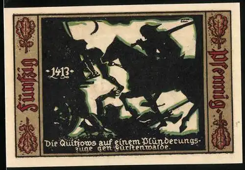 Notgeld Fürstenwalde Spree 1921, 50 Pfennig, Plünderungszug der Quitzows durch Fürstenwalde