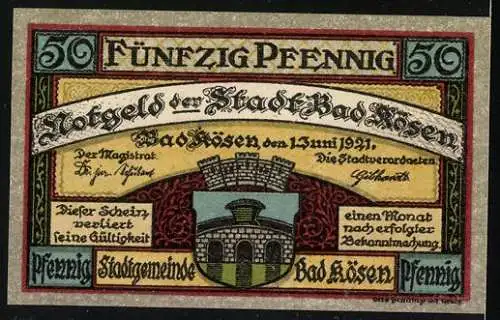 Notgeld Bad Kösen 1921, 50 Pfennig, Ortsansicht mit Brücke, Stadtwappen