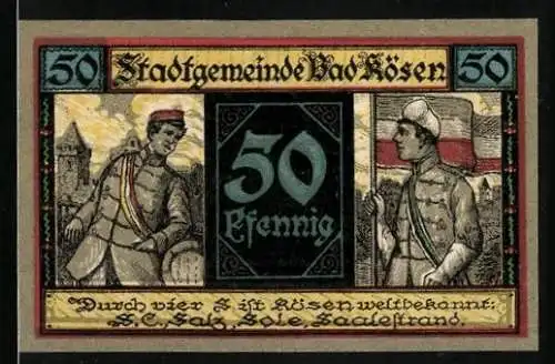 Notgeld Bad Kösen 1921, 50 Pfennig, Soldaten mit Flaggen, Stadtwappen