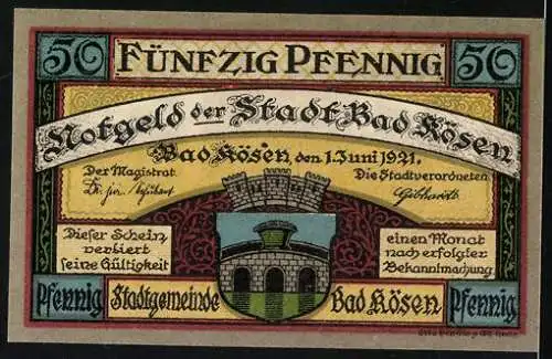 Notgeld Bad Kösen 1921, 50 Pfennig, Soldaten mit Flaggen, Stadtwappen