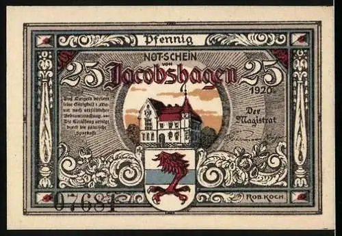 Notgeld Jacobshagen 1920, 25 Pfennig, Stadtwappen u. Engel