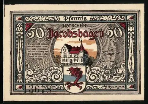 Notgeld Jacobshagen 1920, 50 Pfennig, Stadtwappen mit Adlerfuss u. Engel