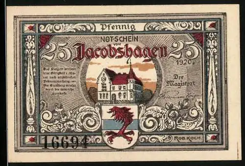 Notgeld Jacobshagen 1920, 25 Pfennig, Stadtwappen, Ansicht d. Kirche mit Putten