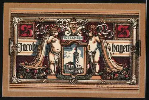Notgeld Jacobshagen 1920, 25 Pfennig, Stadtwappen, Ansicht d. Kirche mit Putten