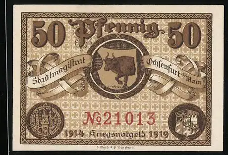 Notgeld Ochsenfurt a. Main 1919, 50 Pfennig, Stadtwappen mit Stier