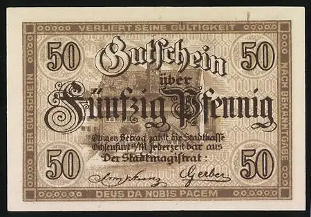 Notgeld Ochsenfurt a. Main 1919, 50 Pfennig, Stadtwappen mit Stier