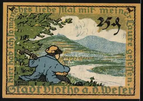 Notgeld Vlotho a. d. Weser 1921, 25 Pfennig, Musiker mit Laute am Fluss