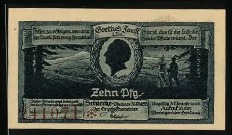 Notgeld Schierke i. Harz 1921, 10 Pfennig, Goethe Silhouette, Ortsansicht