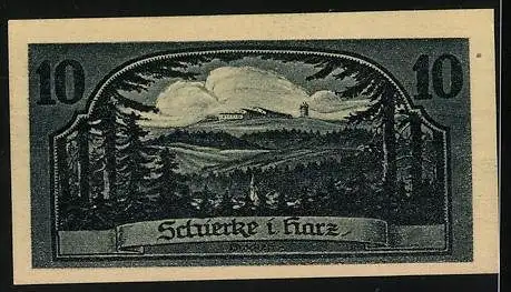 Notgeld Schierke i. Harz 1921, 10 Pfennig, Goethe Silhouette, Ortsansicht