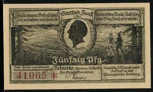 Notgeld Schierke i. Harz 1921, 50 Pfennig, Goethes Faust, Ansicht neue Kirche