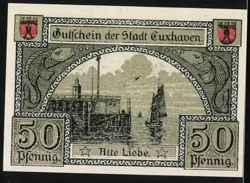 Notgeld Cuxhaven 1919, 50 Pfennig, Schloss Ritzebüttel, Hafen Alte Liebe