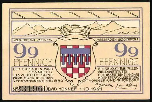 Notgeld Bad Honnef a. Rhein 1921, 99 Pfennig, Stadtwappen u. Gedicht