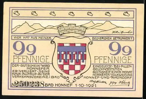 Notgeld Bad Honnef a. Rhein 1921, 99 Pfennig, Stadtwappen, Löwenburg zur Ritterzeit