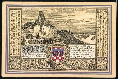 Notgeld Bad Honnef a. Rhein 1921, 99 Pfennig, Ruine Drachenfels, Ortsansicht