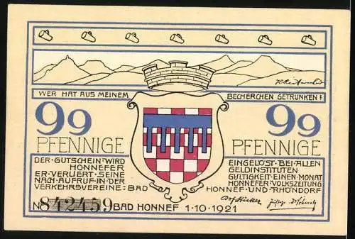 Notgeld Bad Honnef a. Rhein 1921, 99 Pfennig, Stadtwappen u. Löwenburg