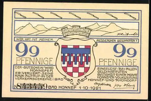 Notgeld Bad Honnef a. Rhein 1921, 99 Pfennig, Stadtwappen, Karl Simrorts Haus