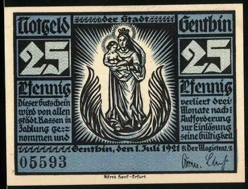 Notgeld Genthin 1921, 25 Pfennig, Heiligenbildnis, Boote auf dem Fluss