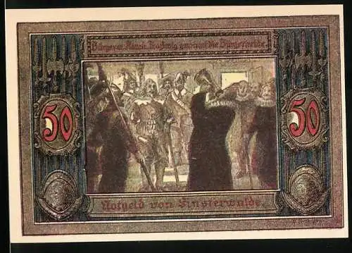 Notgeld Finsterwalde 1921, 50 Pfennig, Stadtwappen, Brügermeister trinkt