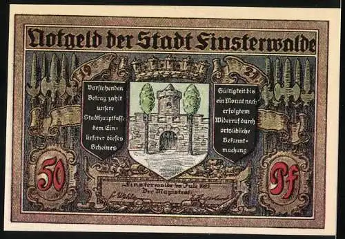 Notgeld Finsterwalde 1921, 50 Pfennig, Stadtwappen, Brügermeister trinkt