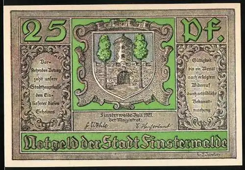 Notgeld Finsterwalde 1921, 25 Pfennig, Stadtwappen, Ortsansicht