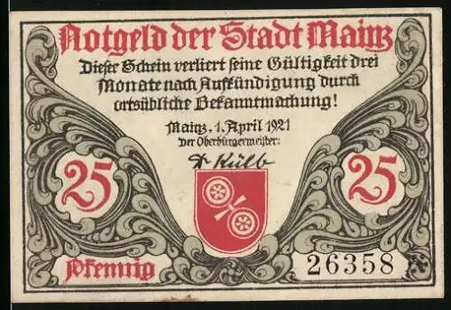Notgeld Mainz 1921, 25 Pfennig, Stadtwappen, Ritterhelm