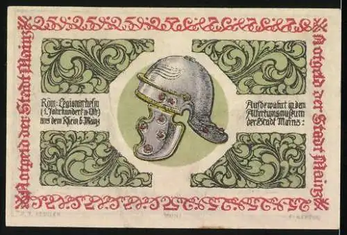 Notgeld Mainz 1921, 25 Pfennig, Stadtwappen, Ritterhelm