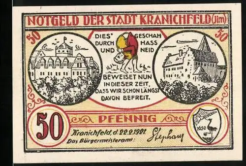 Notgeld Kranichfeld 1921, 50 Pfennig, Stadtansichten, Wappen