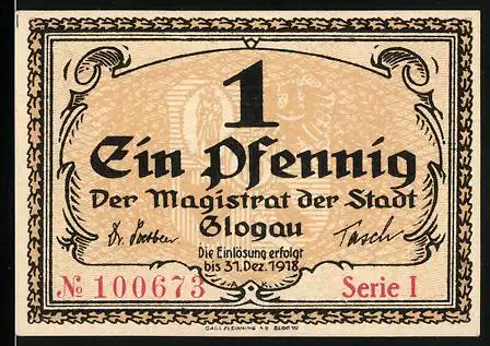 Notgeld Glogau 1918, 1 Pfennig, Magristratssiegel u. Signatur