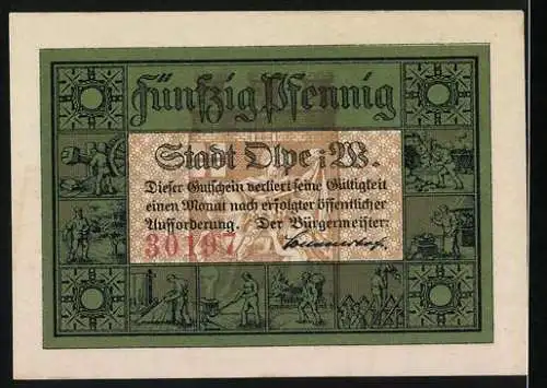 Notgeld Olpe i. W., 50 Pfennig, Handwerksszenen, Ortsansicht