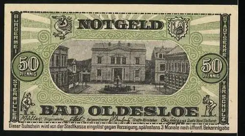 Notgeld Bad Oldesloe, 50 Pfennig, Wappen u. Ortsansicht d. Schwefelbäder