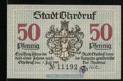 Notgeld Ohrdruf 1919, 50 Pfennig, Stadtwappen u. Ortsansicht m. Rathaus