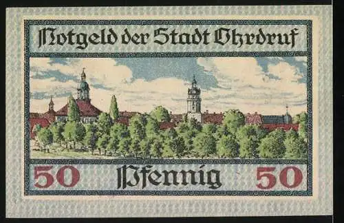 Notgeld Ohrdruf 1919, 50 Pfennig, Stadtwappen u. Ortsansicht m. Rathaus