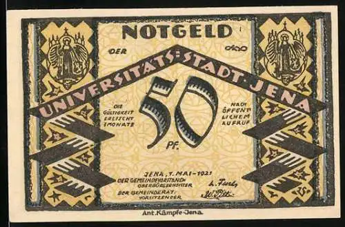 Notgeld Jena 1921, 50 Pfennig, Wappen u. Leuchtturm v. Jena