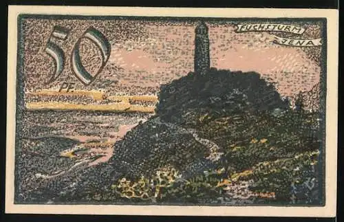Notgeld Jena 1921, 50 Pfennig, Wappen u. Leuchtturm v. Jena