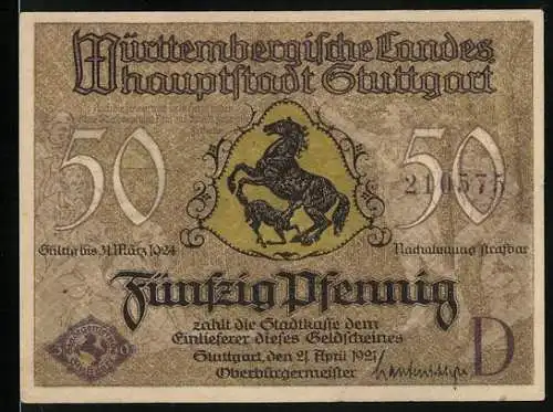 Notgeld Stuttgart 1921, 50 Pfennig, Wappen mit Pferd, Ortsansicht Wilhelmsbrücke