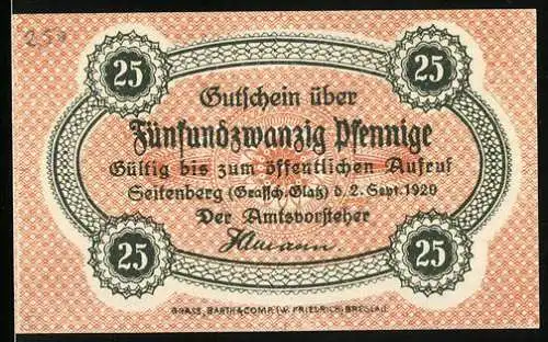 Notgeld Seitenberg /Glatz 1920, 25 Pfennig, Türme
