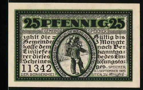 Notgeld Speicher /Eifel 1920, 25 Pfennig, Wanderer mit Pfeife