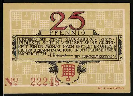 Notgeld Glücksburg 1920, 25 Pfennig, Wappen u. Schloss Glücksburg
