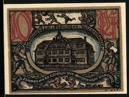 Notgeld Grossbreitenbach 1921, 10 Pfennig, Spielende Kinder, Ortsansicht u. Wappen