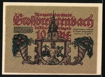 Notgeld Grossbreitenbach 1921, 10 Pfennig, Spielende Kinder, Ortsansicht u. Wappen