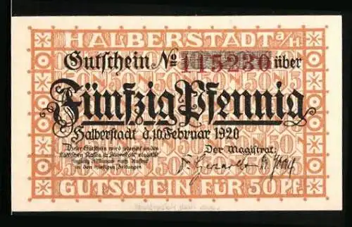 Notgeld Halberstadt 1920, 50 Pfennig, Stadtwappen u. Signatur