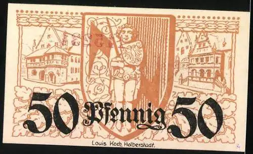 Notgeld Halberstadt 1920, 50 Pfennig, Stadtwappen u. Signatur