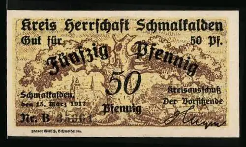 Notgeld Schmalkalden 1917, 50 Pfennig, Stadtwappen, Ortsansicht