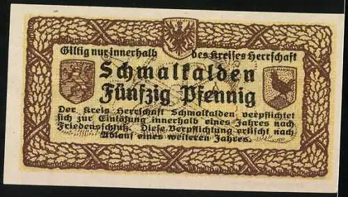 Notgeld Schmalkalden 1917, 50 Pfennig, Stadtwappen, Ortsansicht