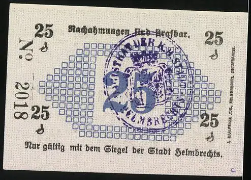 Notgeld Helmbrechts 1917, 25 Pfennig, Wappen u. Stempel