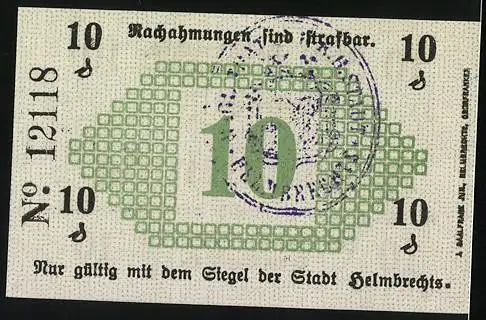 Notgeld Helmbrechts 1917, 10 Pfennig, Wappen u. Stempel