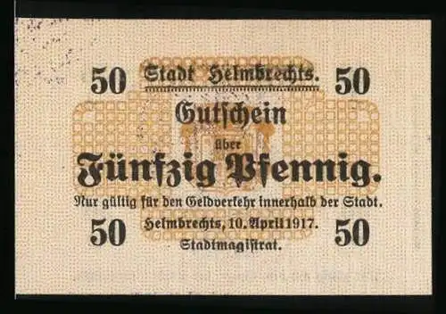 Notgeld Helmbrechts 1917, 50 Pfennig, Wappen u. Stempel