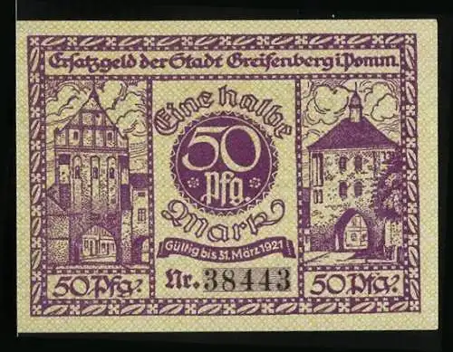 Notgeld Greifenberg i. Pomm. 1919, 50 Pfennig, Stadttore u. Wappen