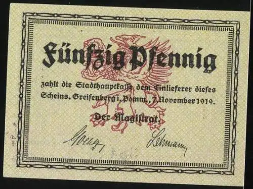 Notgeld Greifenberg i. Pomm. 1919, 50 Pfennig, Stadttore u. Wappen